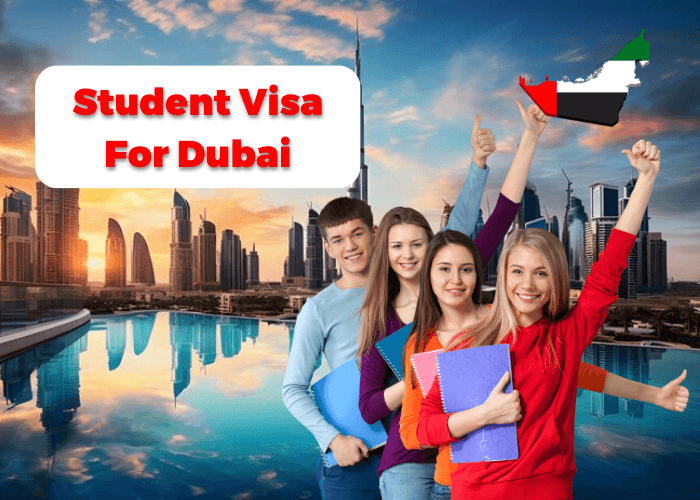 Student overlooking Dubai skyline with textbooks - Study in Dubai Visa Services