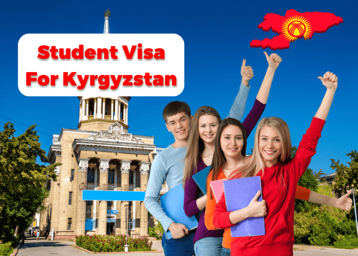 Students with books in front of Kyrgyzstan flag - Study Visa Services